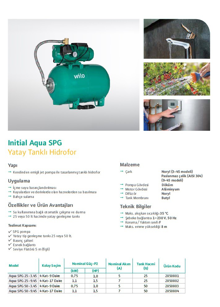 Wilo Aqua SPG 50-9.45 Hidrofor / 4 Kat - 17 Daire- 1,5 Hp 50 Litre Tanklı 