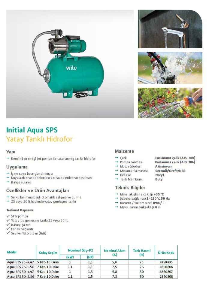 Wilo Aqua SPS 50-4.47 Hidrofor / 5 Kat - 10 Daire- 1,3 Hp 50 Litre Tanklı 