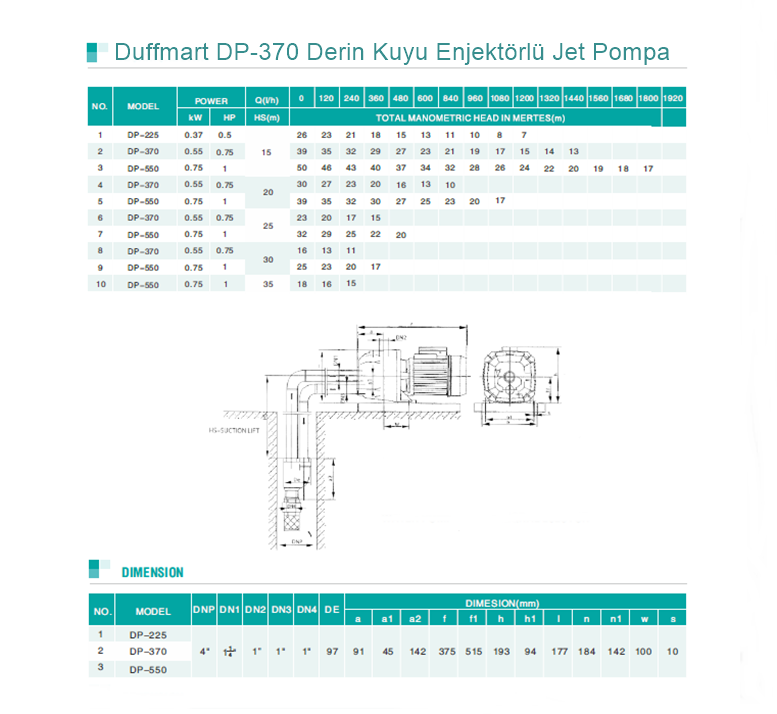 Duffmart DP 370 Derin Kuyu Enjektörlü Jet Pompa